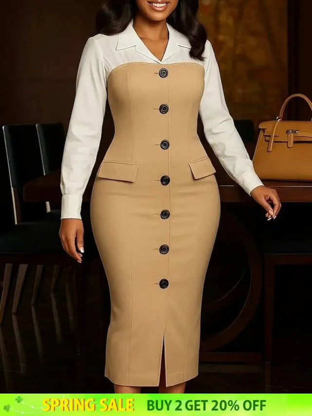 Women Elegant Church Dresses Color Block Notched Lapel Long Sleeve Button