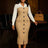 Women Elegant Church Dresses Color Block Notched Lapel Long Sleeve Button Khaki / S