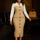 Women Elegant Church Dresses Color Block Notched Lapel Long Sleeve Button Khaki / S