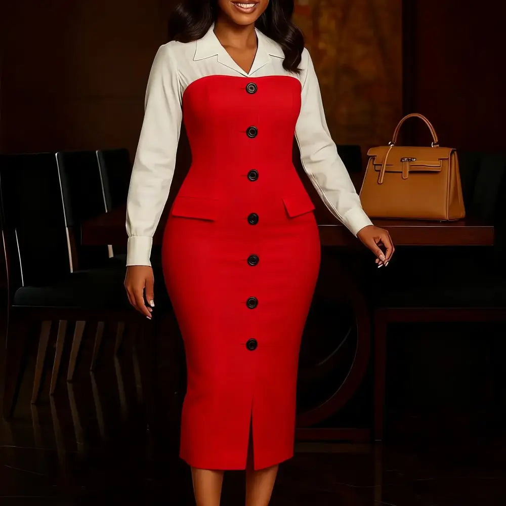 Women Elegant Church Dresses Color Block Notched Lapel Long Sleeve Button Red / S