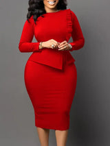 Women Elegant Dress Bodycon Long Sleeves Peplum Ruffles