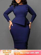 Women Elegant Dress Bodycon Long Sleeves Peplum Ruffles