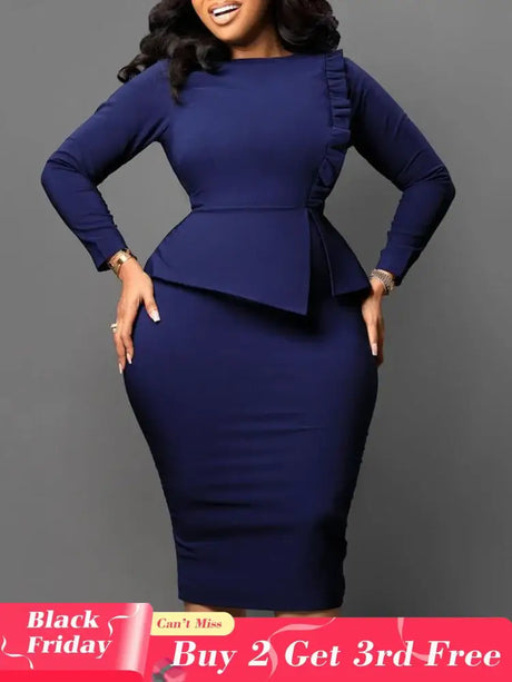 Women Elegant Dress Bodycon Long Sleeves Peplum Ruffles