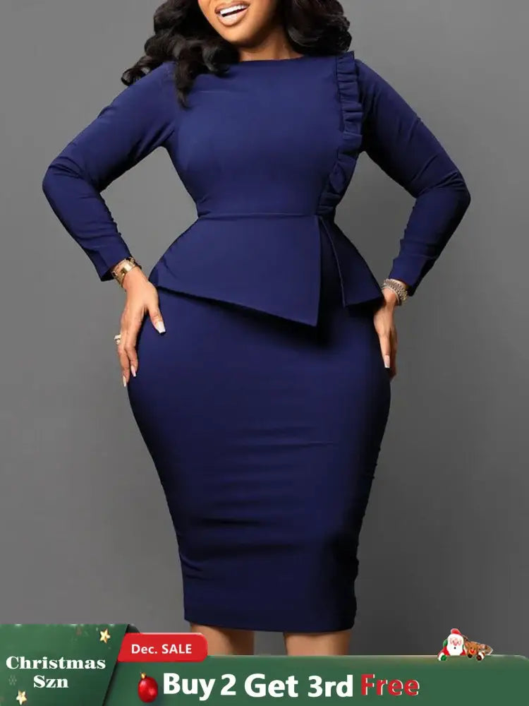 Women Elegant Dress Bodycon Long Sleeves Peplum Ruffles