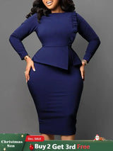 Women Elegant Dress Bodycon Long Sleeves Peplum Ruffles