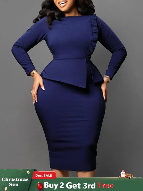 Women Elegant Dress Bodycon Long Sleeves Peplum Ruffles
