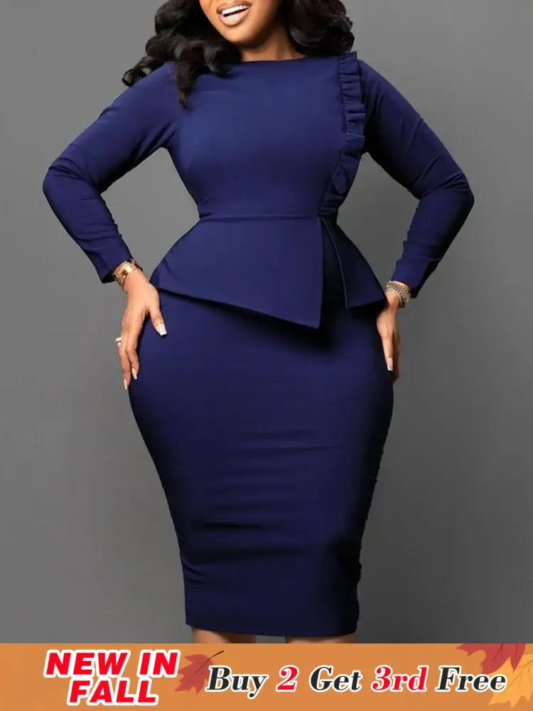 Women Elegant Dress Bodycon Long Sleeves Peplum Ruffles