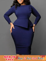 Women Elegant Dress Bodycon Long Sleeves Peplum Ruffles
