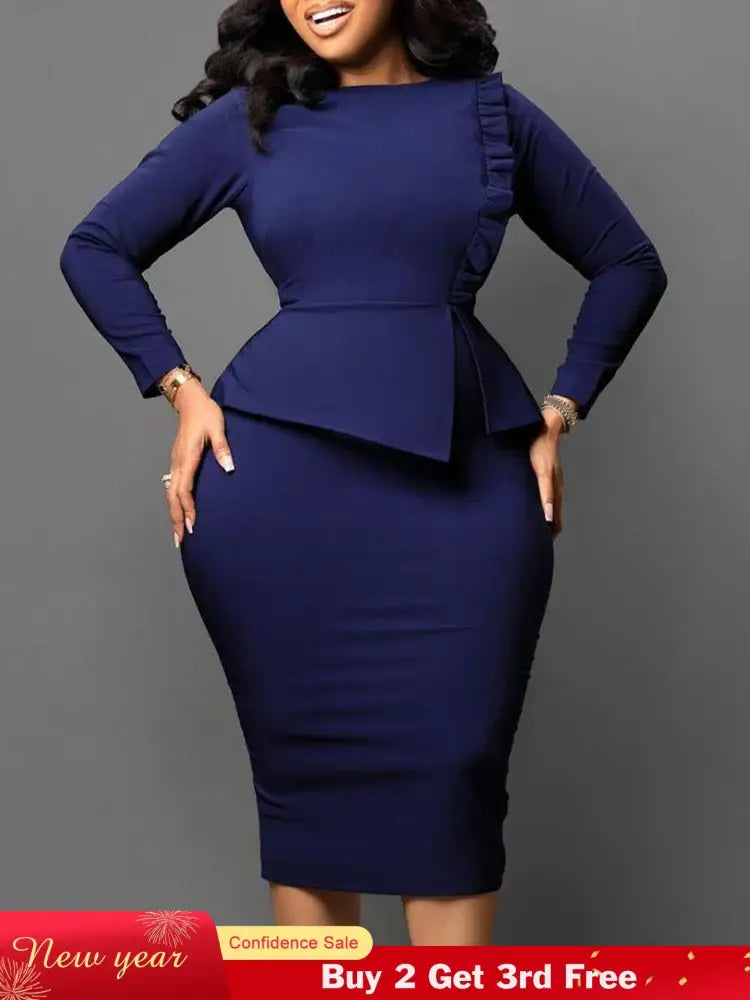 Women Elegant Dress Bodycon Long Sleeves Peplum Ruffles