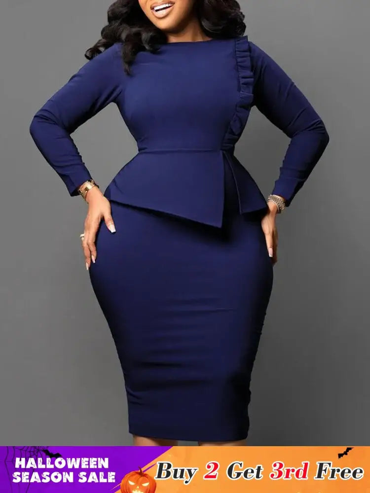 Women Elegant Dress Bodycon Long Sleeves Peplum Ruffles