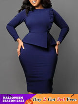 Women Elegant Dress Bodycon Long Sleeves Peplum Ruffles