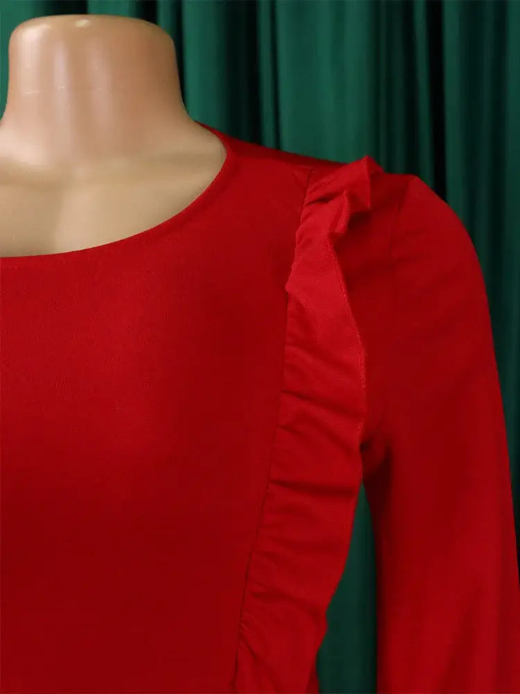 Women Elegant Dress Bodycon Long Sleeves Peplum Ruffles