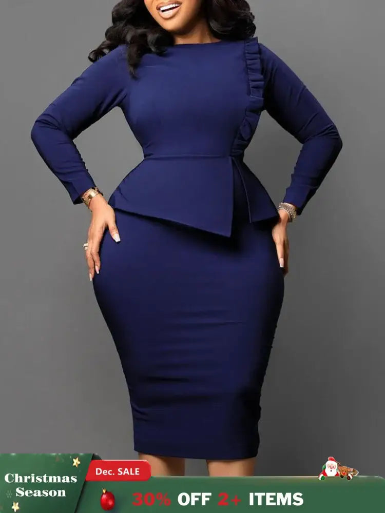Women Elegant Dress Bodycon Long Sleeves Peplum Ruffles