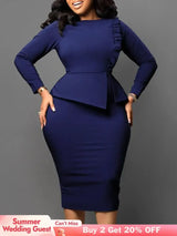 Women Elegant Dress Bodycon Long Sleeves Peplum Ruffles