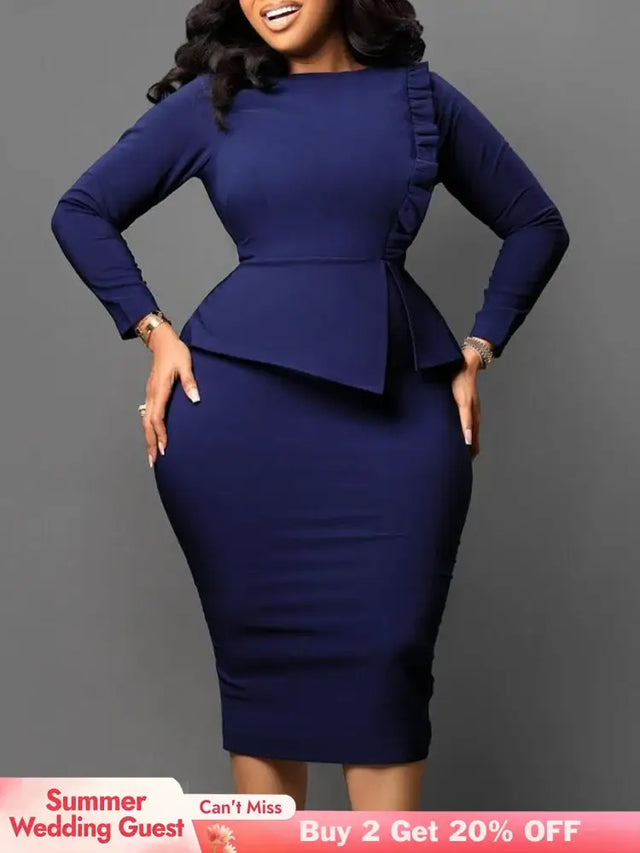 Women Elegant Dress Bodycon Long Sleeves Peplum Ruffles