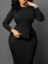 Women Elegant Dress Bodycon Long Sleeves Peplum Ruffles Black / S