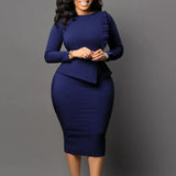 Women Elegant Dress Bodycon Long Sleeves Peplum Ruffles Blue / S