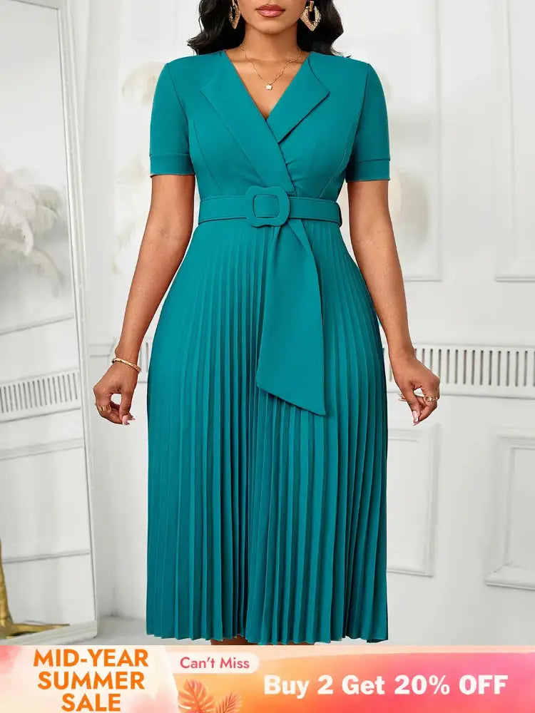 Women Elegant Pleated Church Dress V Neck Short Sleeves Waist Belt Classy
