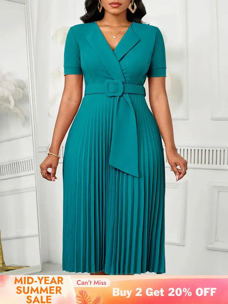Women Elegant Pleated Church Dress V Neck Short Sleeves Waist Belt Classy