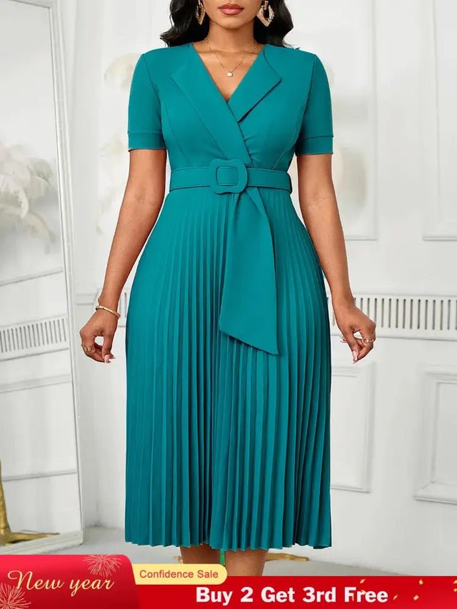 Women Elegant Pleated Church Dress V Neck Short Sleeves Waist Belt Classy