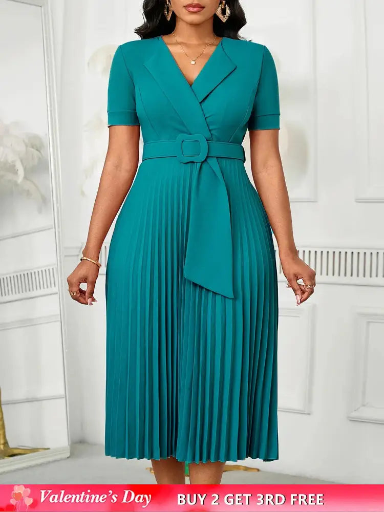 Women Elegant Pleated Church Dress V Neck Short Sleeves Waist Belt Classy