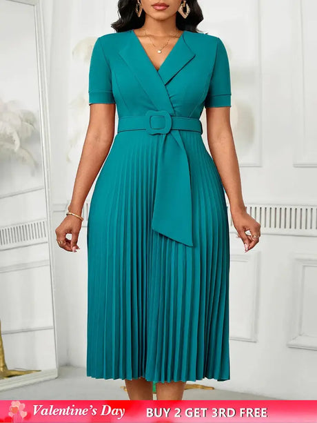 Women Elegant Pleated Church Dress V Neck Short Sleeves Waist Belt Classy