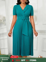 Women Elegant Pleated Church Dress V Neck Short Sleeves Waist Belt Classy