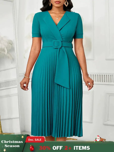 Women Elegant Pleated Church Dress V Neck Short Sleeves Waist Belt Classy