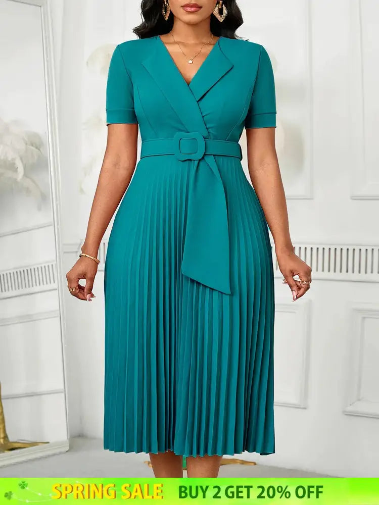 Women Elegant Pleated Church Dress V Neck Short Sleeves Waist Belt Classy