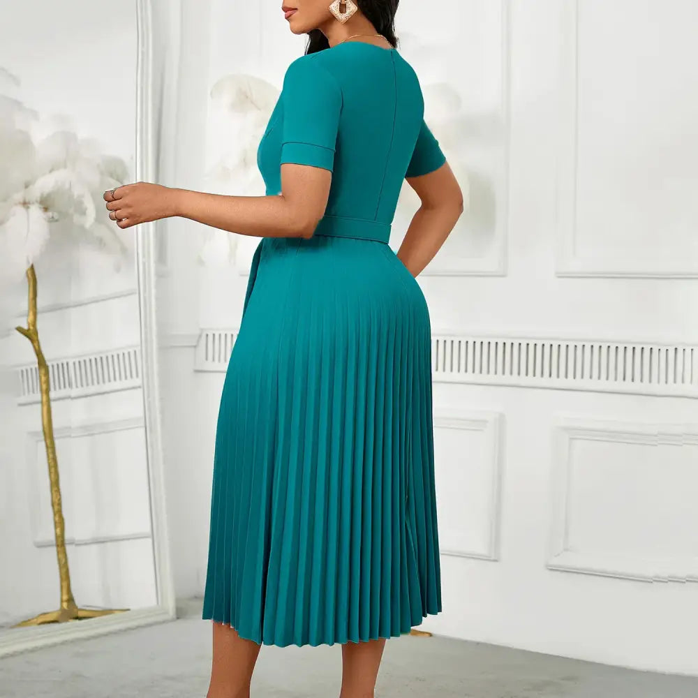 Women Elegant Pleated Church Dress V Neck Short Sleeves Waist Belt Classy