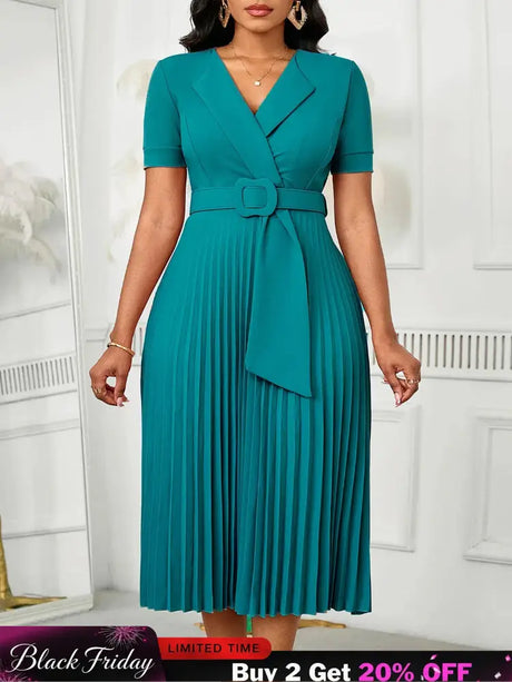 Women Elegant Pleated Church Dress V Neck Short Sleeves Waist Belt Classy