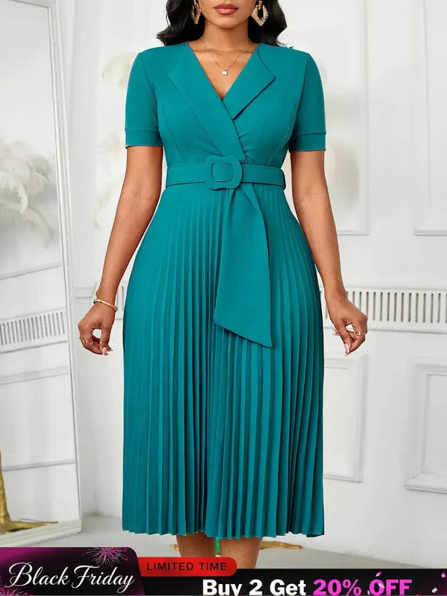 Women Elegant Pleated Church Dress V Neck Short Sleeves Waist Belt Classy