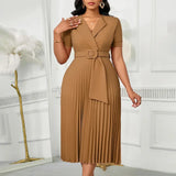 Women Elegant Pleated Church Dress V Neck Short Sleeves Waist Belt Classy