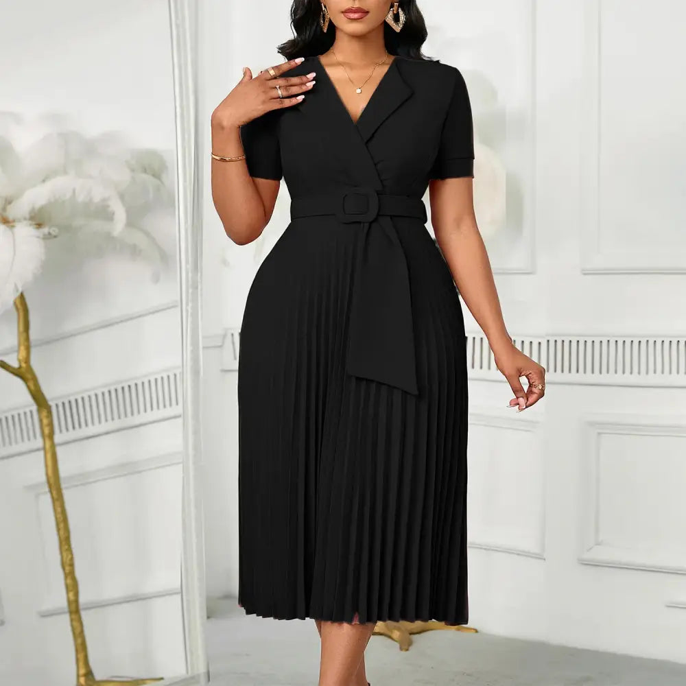 Women Elegant Pleated Church Dress V Neck Short Sleeves Waist Belt Classy Black / S
