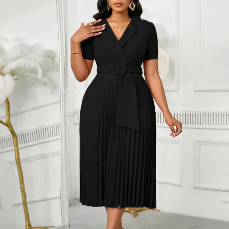 Women Elegant Pleated Church Dress V Neck Short Sleeves Waist Belt Classy Black / S