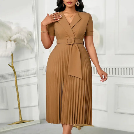 Women Elegant Pleated Church Dress V Neck Short Sleeves Waist Belt Classy Khaki / S