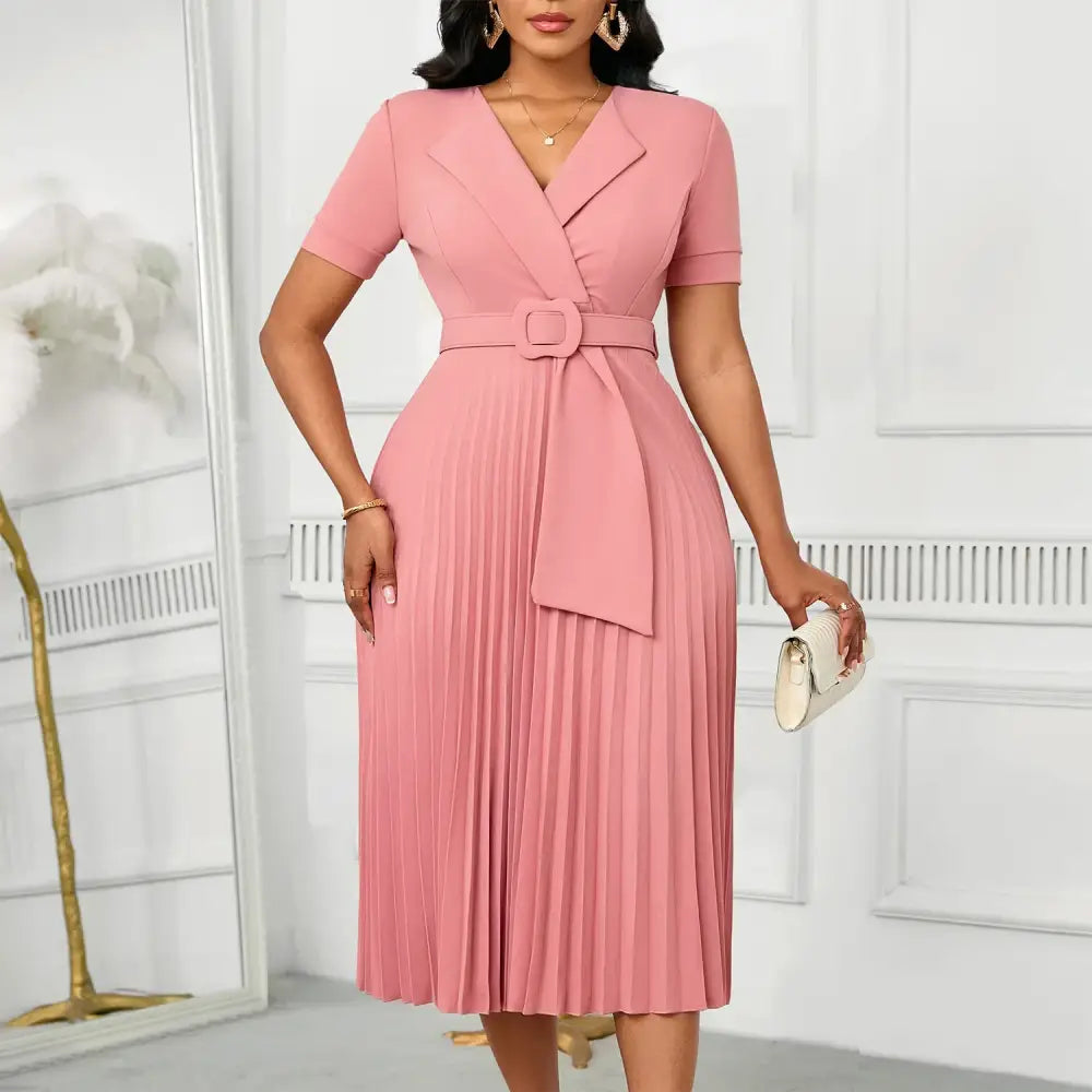 Women Elegant Pleated Church Dress V Neck Short Sleeves Waist Belt Classy Pink / S