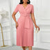 Women Elegant Pleated Church Dress V Neck Short Sleeves Waist Belt Classy Pink / S