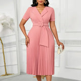 Women Elegant Pleated Church Dress V Neck Short Sleeves Waist Belt Classy Pink / S