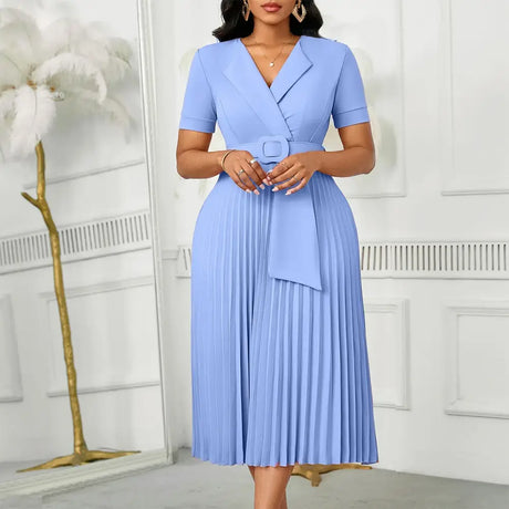 Women Elegant Pleated Church Dress V Neck Short Sleeves Waist Belt Classy SKY BLUE / S