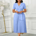 Women Elegant Pleated Church Dress V Neck Short Sleeves Waist Belt Classy SKY BLUE / S