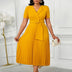 Women Elegant Pleated Church Dress V Neck Short Sleeves Waist Belt Classy