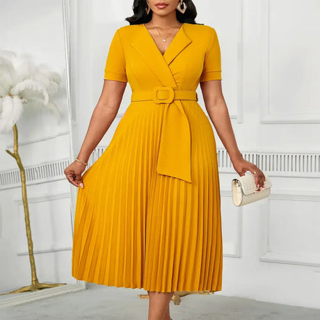 Women Elegant Pleated Church Dress V Neck Short Sleeves Waist Belt Classy