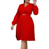 Women Elegant Pleated Dress V Neck Long Lantern Sleeve High Waist