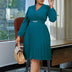 Women Elegant Pleated Dress V Neck Long Lantern Sleeve High Waist Green / S