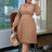 Women Elegant Pleated Dress V Neck Long Lantern Sleeve High Waist Khaki / S