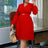 Women Elegant Pleated Dress V Neck Long Lantern Sleeve High Waist Red / S