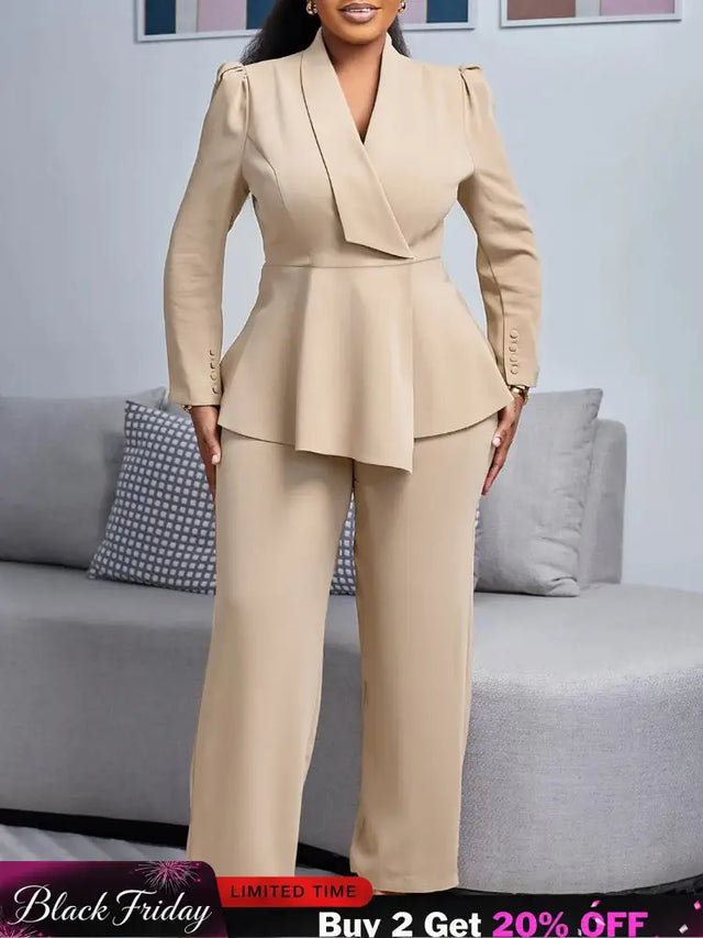 Women Elegant Two Pieces Set V Neck Peplum Belly Cover Top Long Wide Leg Pants