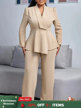 Women Elegant Two Pieces Set V Neck Peplum Belly Cover Top Long Wide Leg Pants