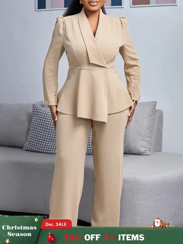 Women Elegant Two Pieces Set V Neck Peplum Belly Cover Top Long Wide Leg Pants